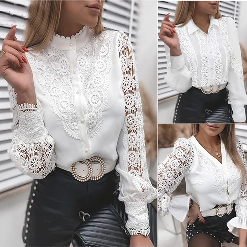 Blusa Elegante de Renda com Laço e Botões para Escritório