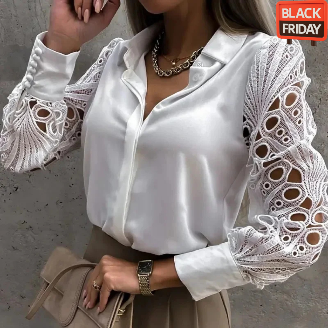 Blusa Feminina de Renda Manga Longa – Elegante Gola Alta para Escritório & Eventos