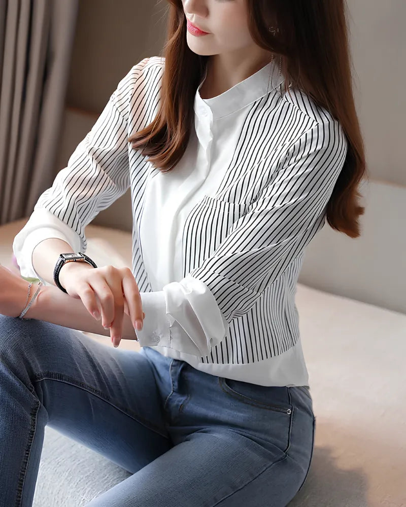 Camisa Listrada Feminina Gola Padre – Ideal para Escritório e Reuniões