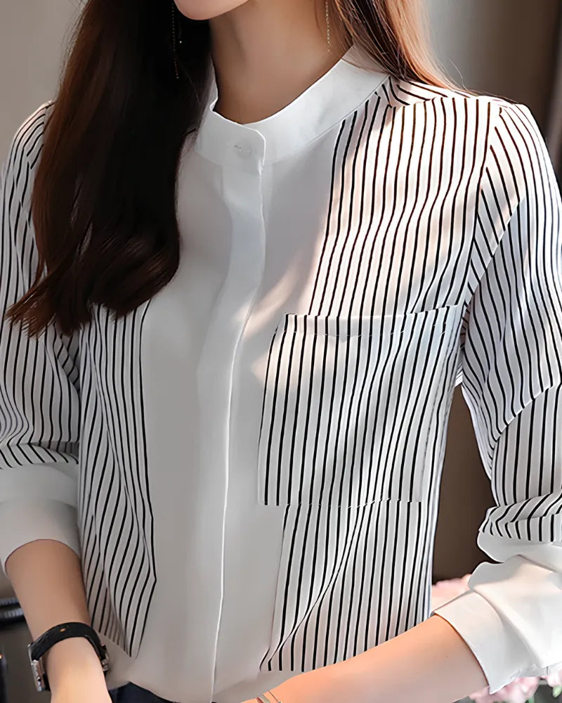 Camisa Listrada Feminina Gola Padre – Ideal para Escritório e Reuniões