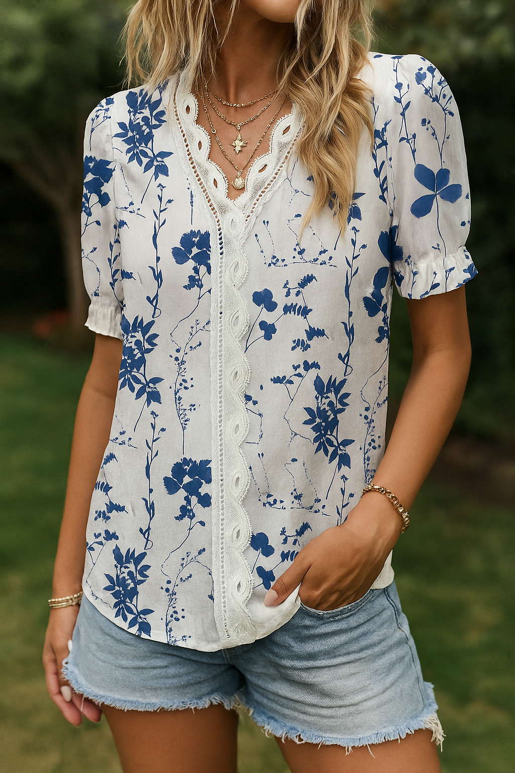 Blusa Elegante com Renda e Estampa Floral