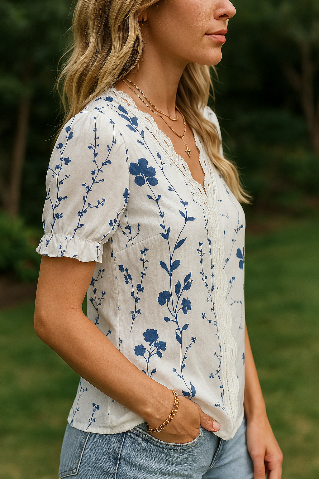 Blusa Elegante com Renda e Estampa Floral