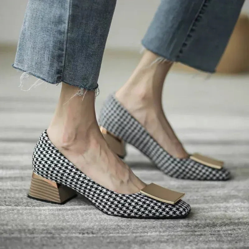 Scarpin Feminino Salto Bloco Xadrez