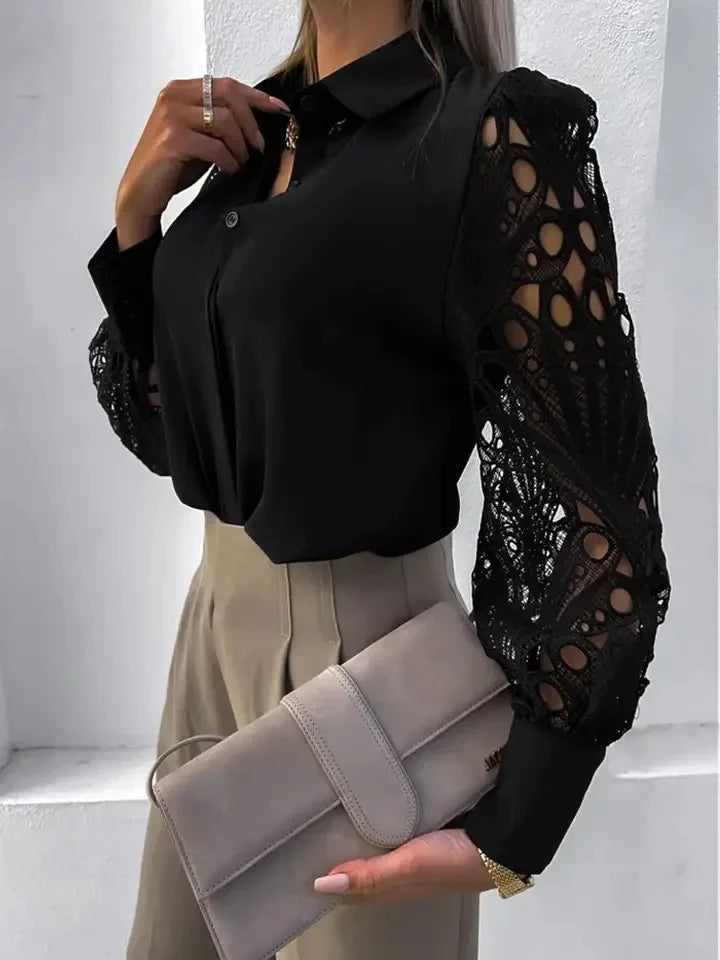 Branco sexy renda oco para fora blusa feminina outono primavera preto topo vintage botão acima camisas de manga longa