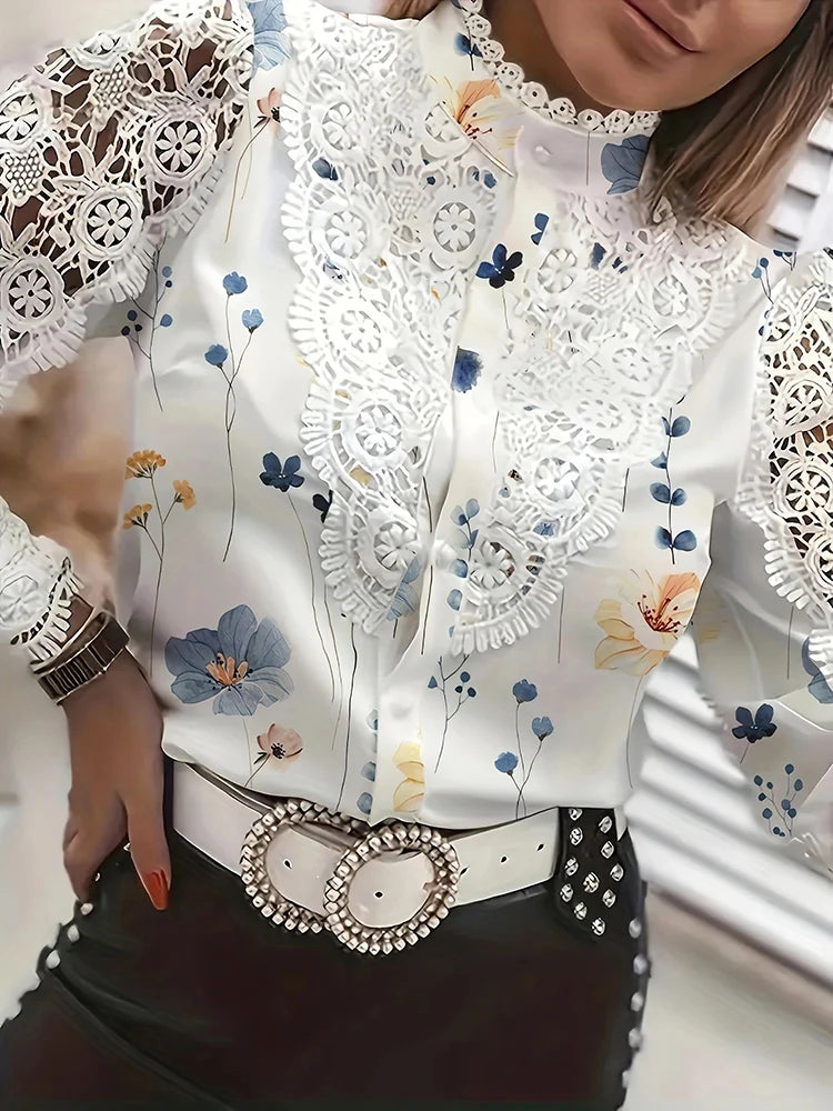 Blusa Elegante de Renda com Laço e Botões para Escritório