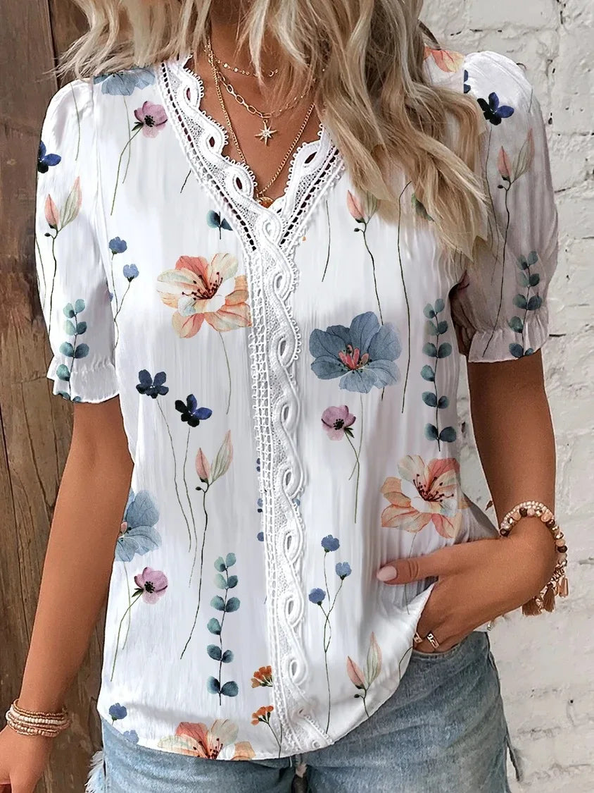 Verão com decote em v rendas retalhos impresso camisa para as mulheres 2024 elegante senhora do escritório manga curta flor impressão pulôver blusas femme