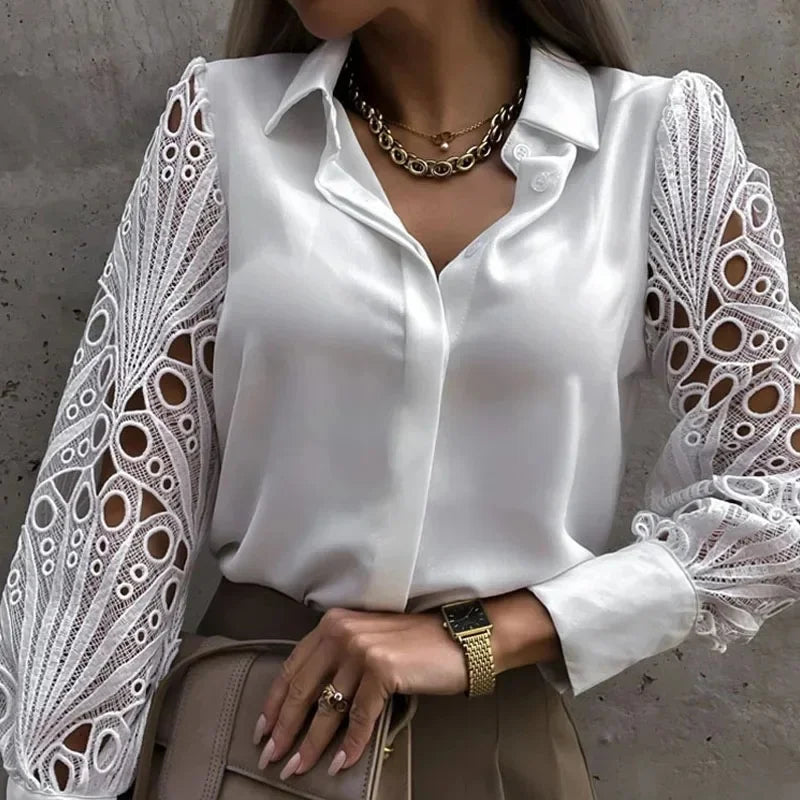 Branco sexy renda oco para fora blusa feminina outono primavera preto topo vintage botão acima camisas de manga longa