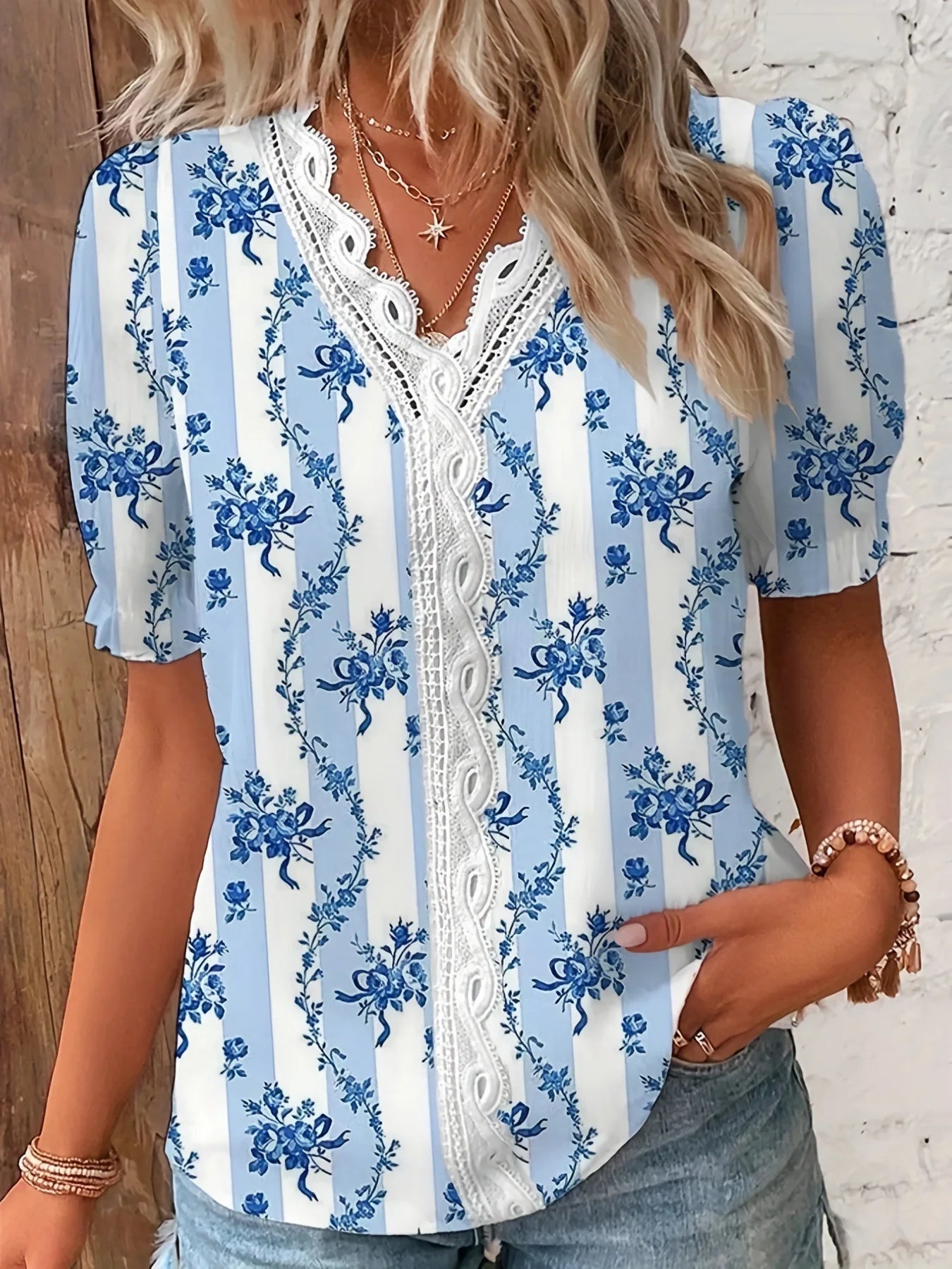 Verão com decote em v rendas retalhos impresso camisa para as mulheres 2024 elegante senhora do escritório manga curta flor impressão pulôver blusas femme