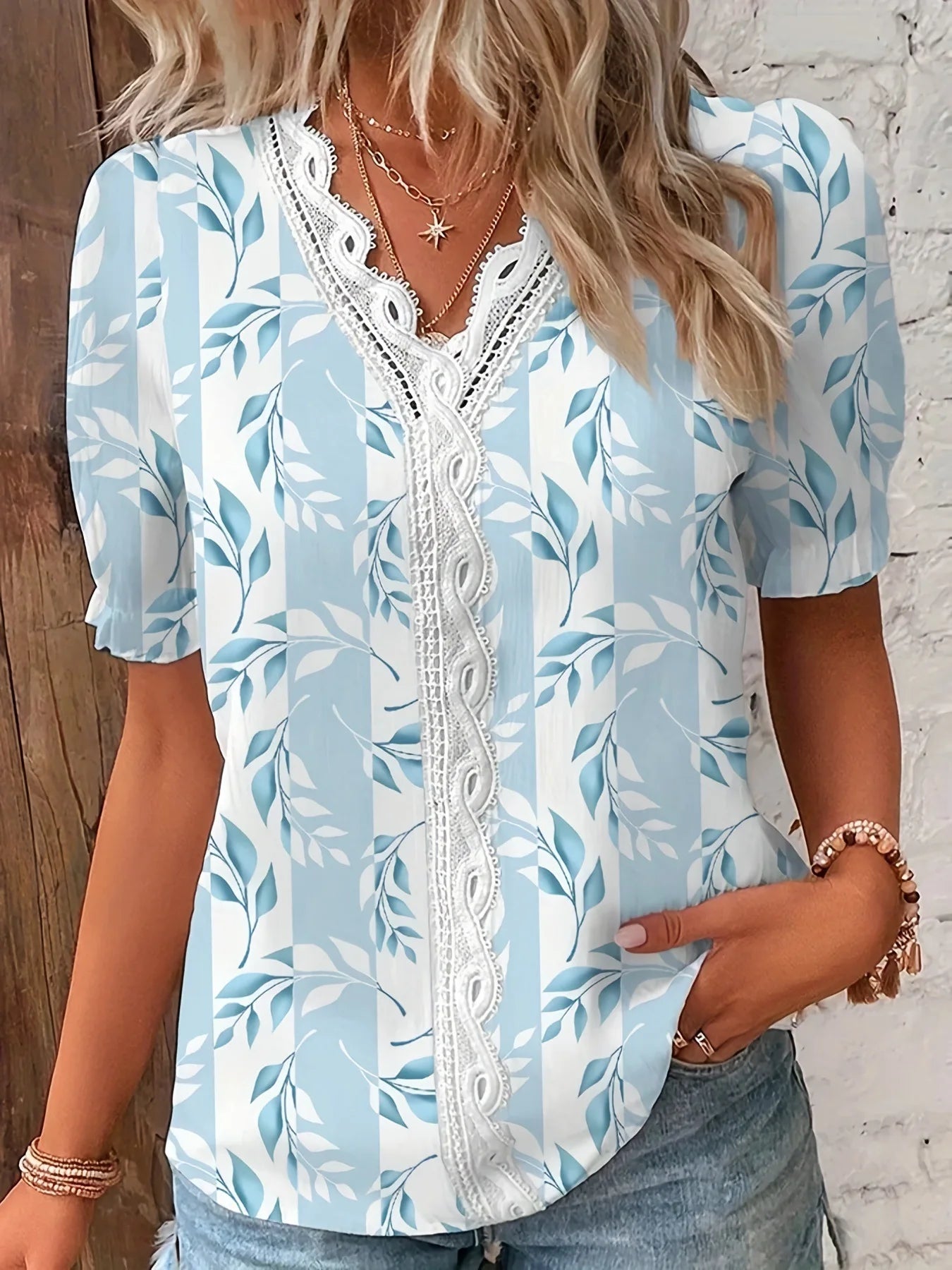 Verão com decote em v rendas retalhos impresso camisa para as mulheres 2024 elegante senhora do escritório manga curta flor impressão pulôver blusas femme