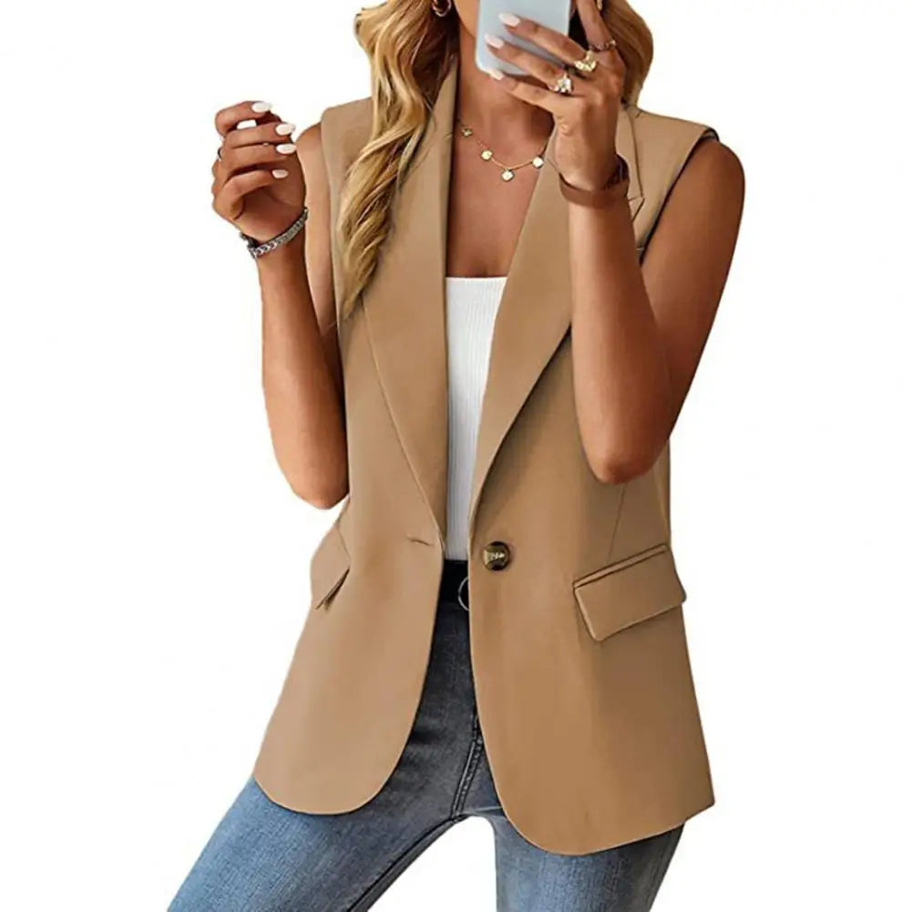 Blazer Colete Feminino Elegante com Lapela e Botão Único
