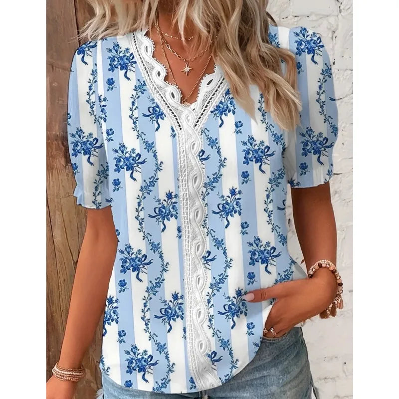 Verão com decote em v rendas retalhos impresso camisa para as mulheres 2024 elegante senhora do escritório manga curta flor impressão pulôver blusas femme