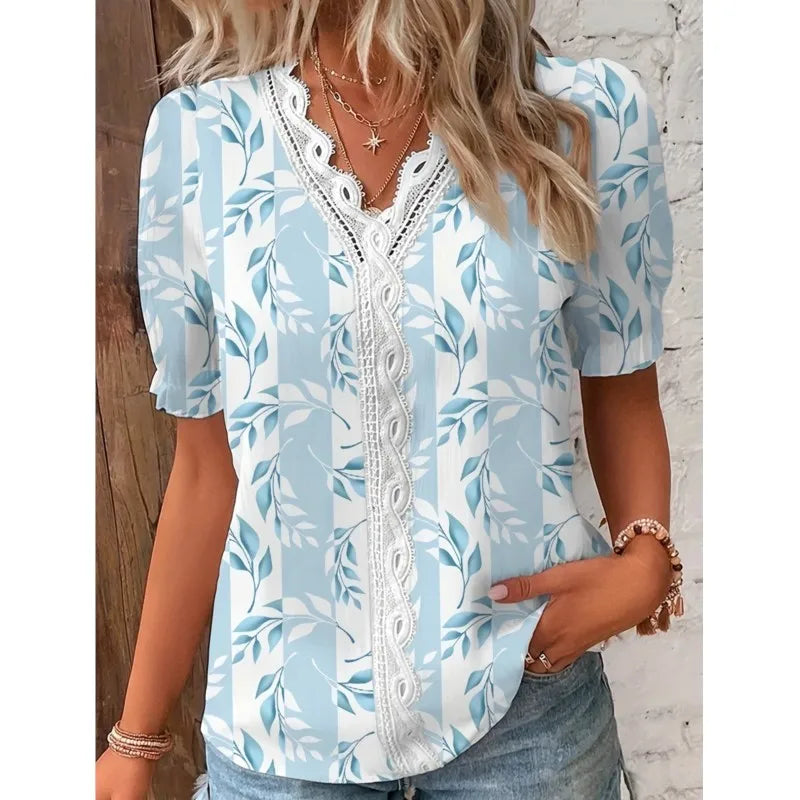 Verão com decote em v rendas retalhos impresso camisa para as mulheres 2024 elegante senhora do escritório manga curta flor impressão pulôver blusas femme