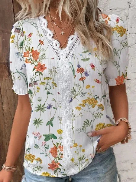 Verão com decote em v rendas retalhos impresso camisa para as mulheres 2024 elegante senhora do escritório manga curta flor impressão pulôver blusas femme
