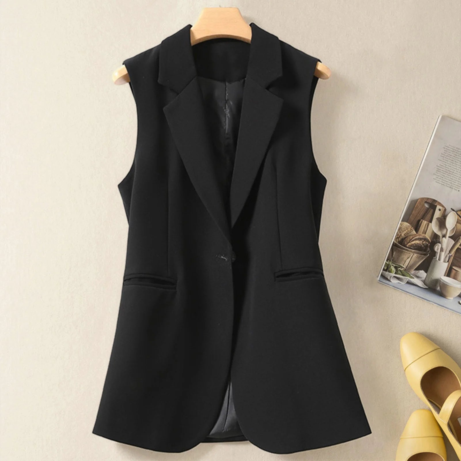 Blazer Colete Feminino Elegante com Lapela e Botão Único