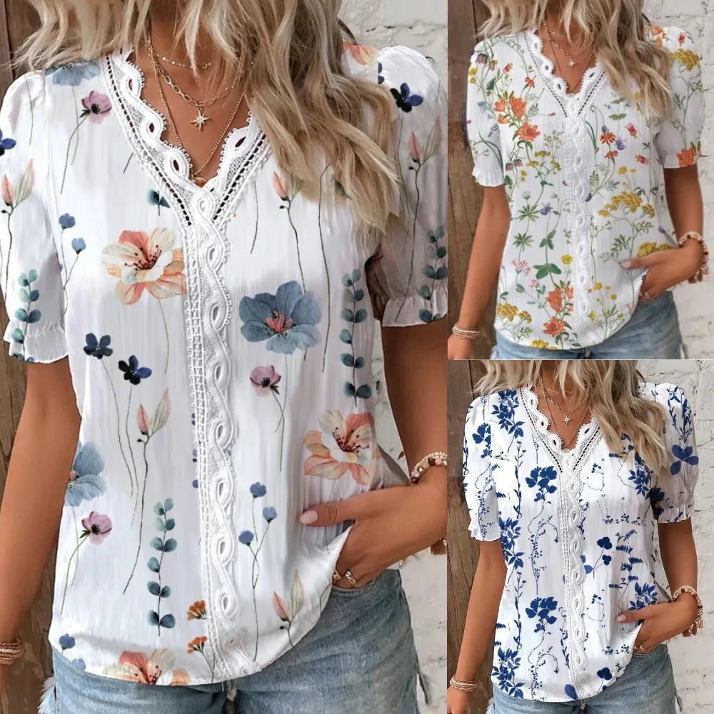 Verão com decote em v rendas retalhos impresso camisa para as mulheres 2024 elegante senhora do escritório manga curta flor impressão pulôver blusas femme