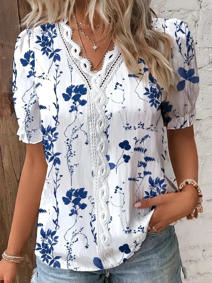 Verão com decote em v rendas retalhos impresso camisa para as mulheres 2024 elegante senhora do escritório manga curta flor impressão pulôver blusas femme