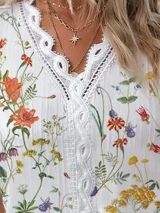 Verão com decote em v rendas retalhos impresso camisa para as mulheres 2024 elegante senhora do escritório manga curta flor impressão pulôver blusas femme