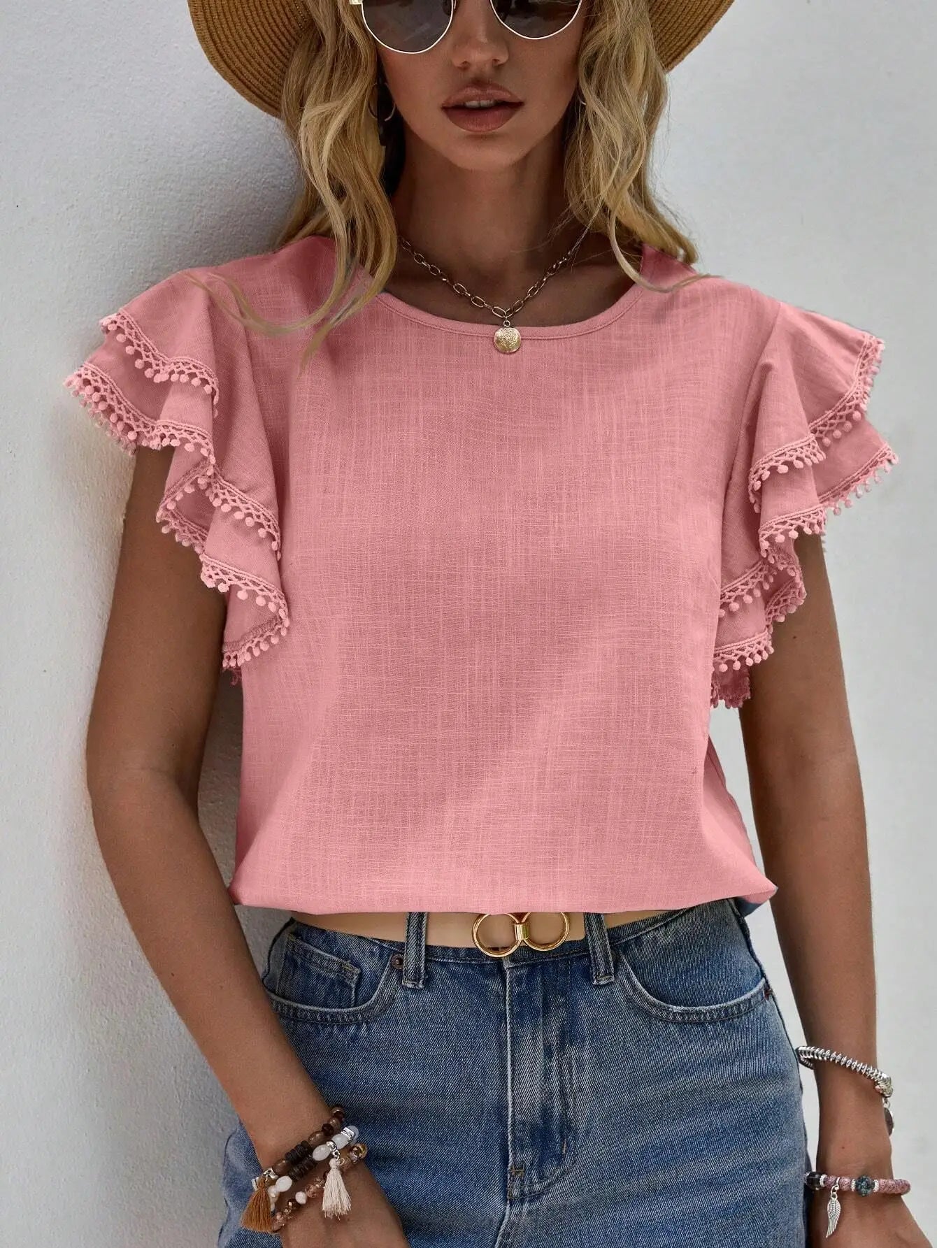 Blusa Feminina Casual com Babados e Manga Borboleta
