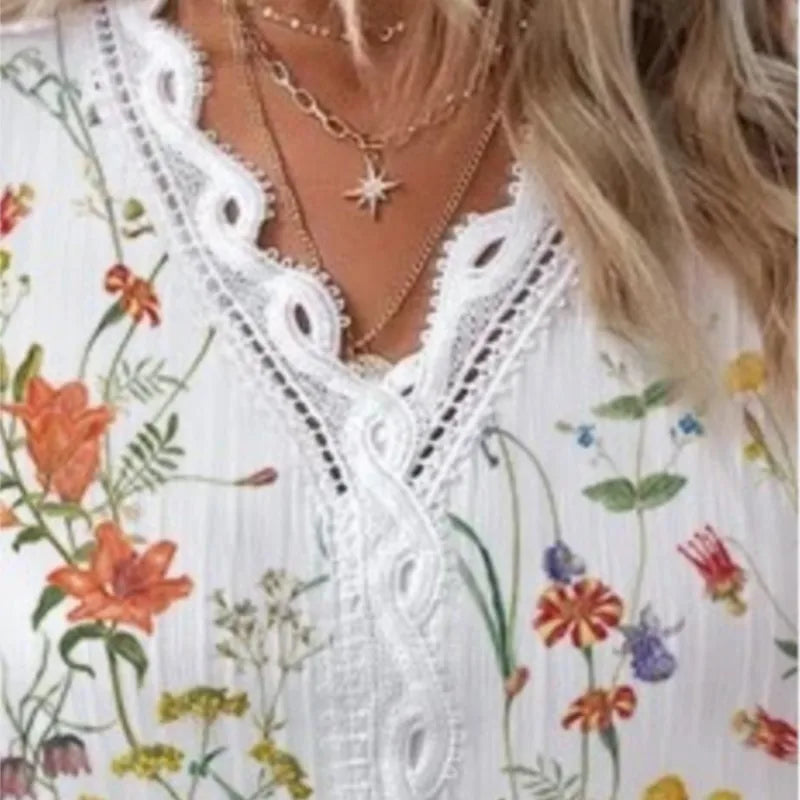 Verão com decote em v rendas retalhos impresso camisa para as mulheres 2024 elegante senhora do escritório manga curta flor impressão pulôver blusas femme