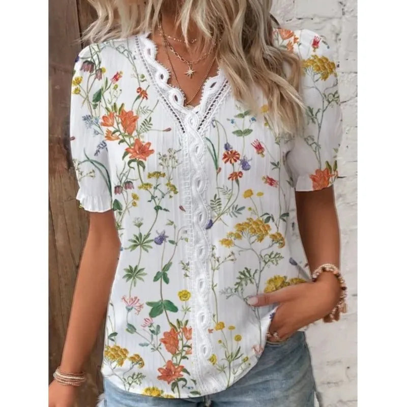 Verão com decote em v rendas retalhos impresso camisa para as mulheres 2024 elegante senhora do escritório manga curta flor impressão pulôver blusas femme
