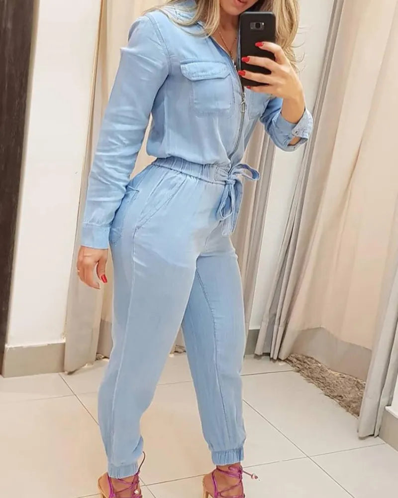 Macacão Feminino Zíper Manga Longa Com Bolsos - Domana