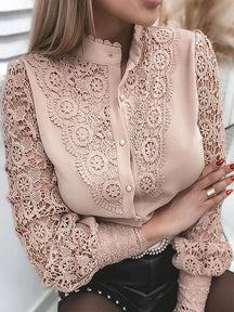 Blusa Elegante de Renda com Laço e Botões para Escritório