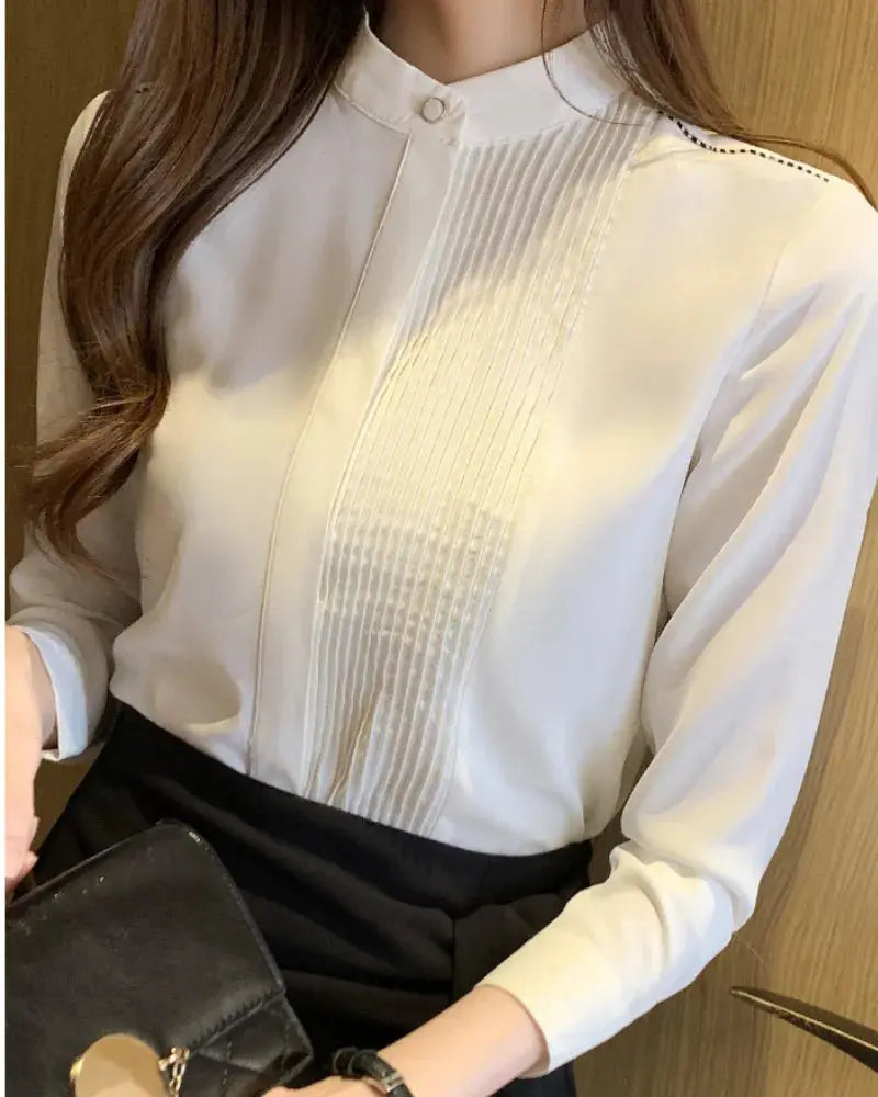 Camisa Feminina Social Manga Longa Gola Padre – Tecido Premium para Mulher Moderna 