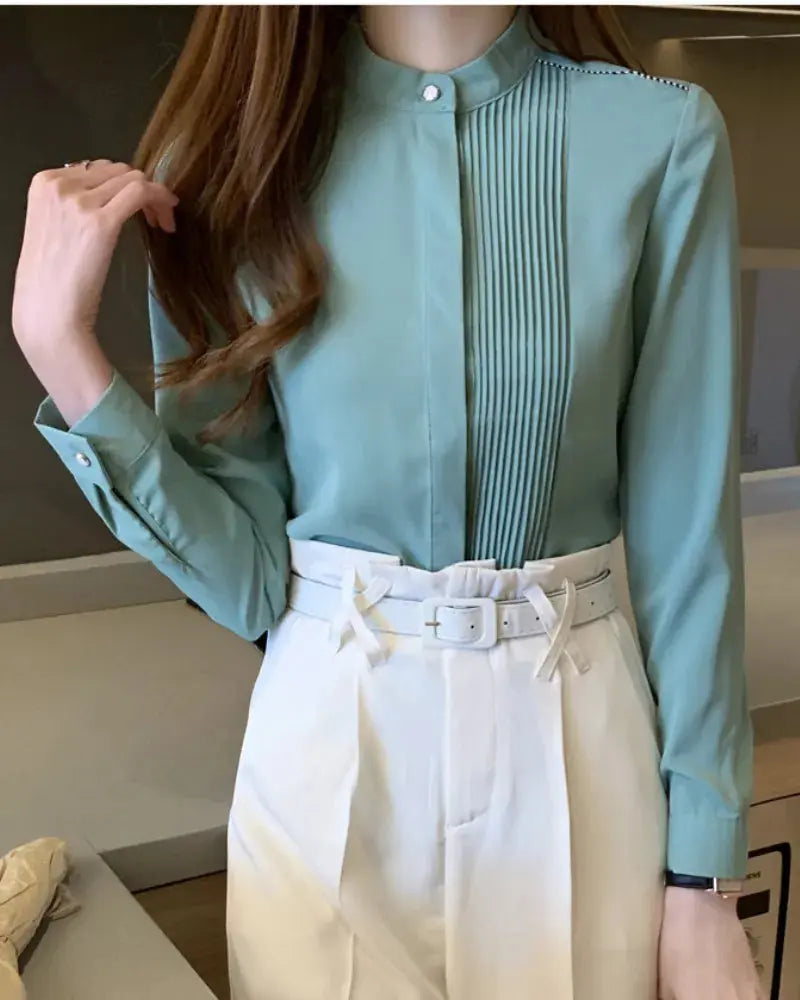 Camisa Feminina Social Manga Longa Gola Padre – Tecido Premium para Mulher Moderna