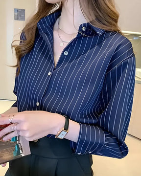 Camisa Feminina Social Risca de Giz – Corte Feminino + Estampa Alfaiataria