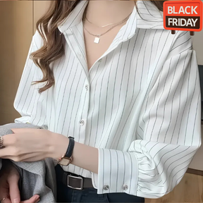 Camisa Feminina Social Risca de Giz – Corte Feminino + Estampa Alfaiataria