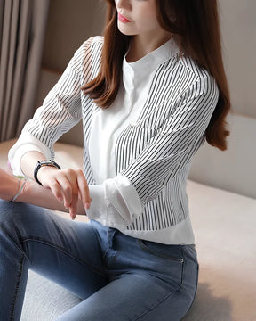 Camisa Listrada Feminina Gola Padre – Ideal para Escritório e Reuniões