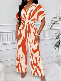 Macacão Elegante com Decote V e Estampa Artística