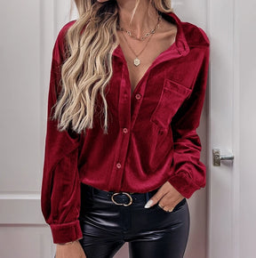 Camisa Veludo Feminina Elegante Inverno 2025