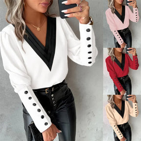 Blusa Feminina Manga Longa com Decote V Elegante
