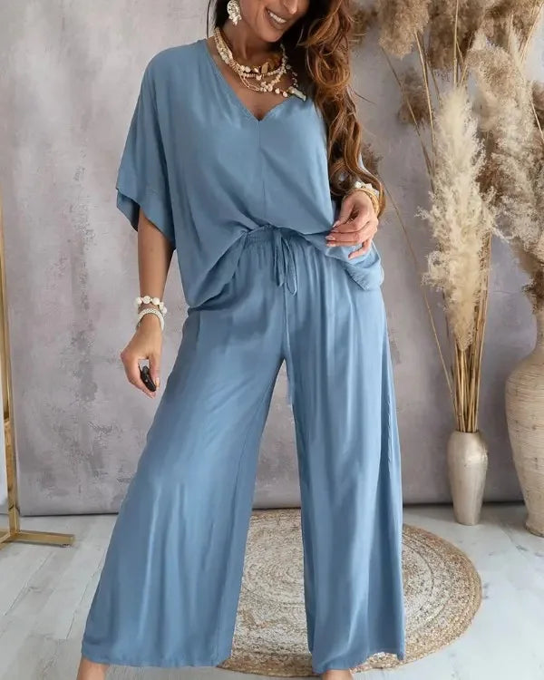 Conjunto Feminino Elegante com Decote V e Calça Larga