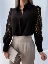 Branco sexy renda oco para fora blusa feminina outono primavera preto topo vintage botão acima camisas de manga longa