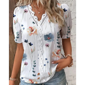 Verão com decote em v rendas retalhos impresso camisa para as mulheres 2024 elegante senhora do escritório manga curta flor impressão pulôver blusas femme