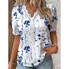 Verão com decote em v rendas retalhos impresso camisa para as mulheres 2024 elegante senhora do escritório manga curta flor impressão pulôver blusas femme