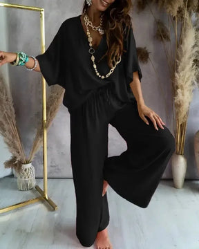 Conjunto Feminino Elegante com Decote V e Calça Larga
