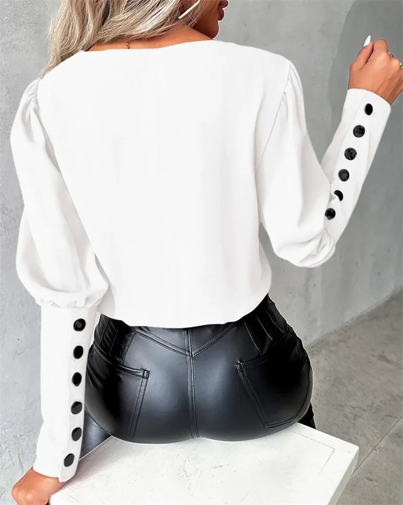 Blusa Feminina Manga Longa com Decote V Elegante