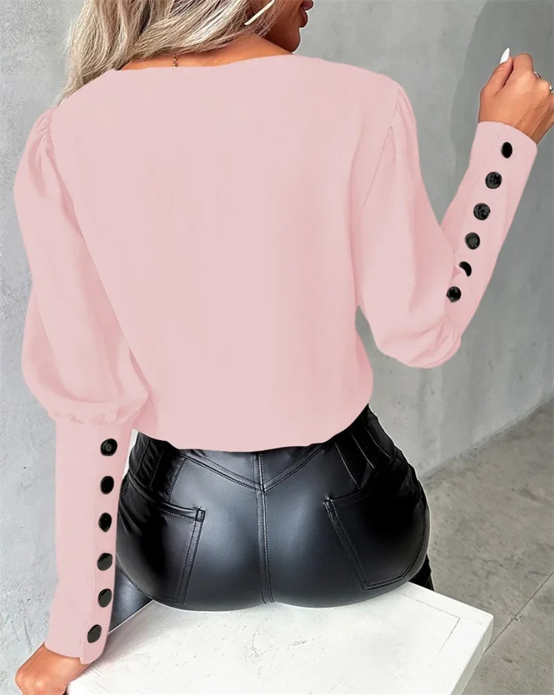 Blusa Feminina Manga Longa com Decote V Elegante