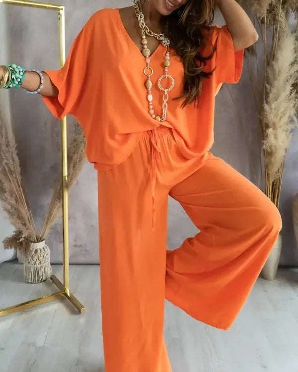 Conjunto Feminino Elegante com Decote V e Calça Larga