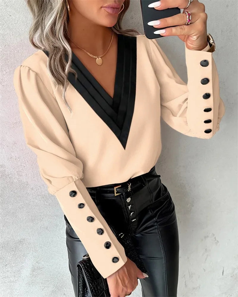 Blusa Feminina Manga Longa com Decote V Elegante