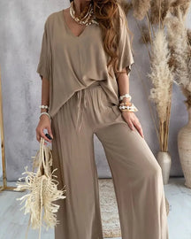 Conjunto Feminino Elegante com Decote V e Calça Larga