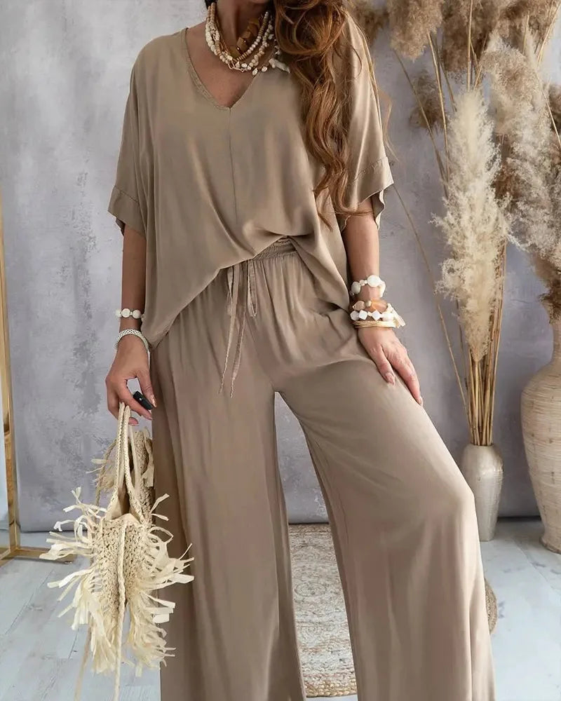 Conjunto Feminino Elegante com Decote V e Calça Larga